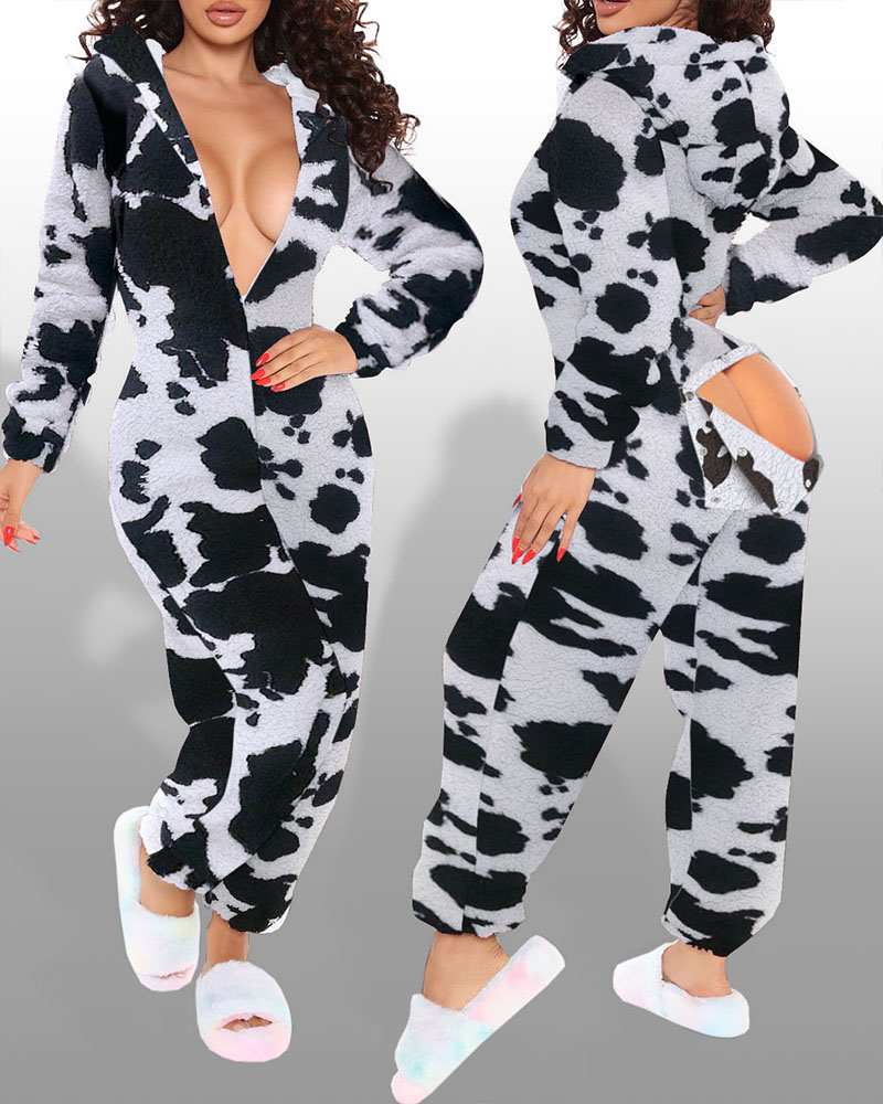 

Cow Print 3D Ear Buttoned Flap Functional Fluffy Lounge Jumpsuit, White