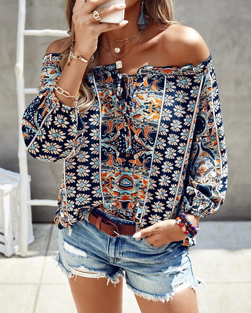 

Retro Tribal Print Frill Hem Off Shoulder Top, Blue