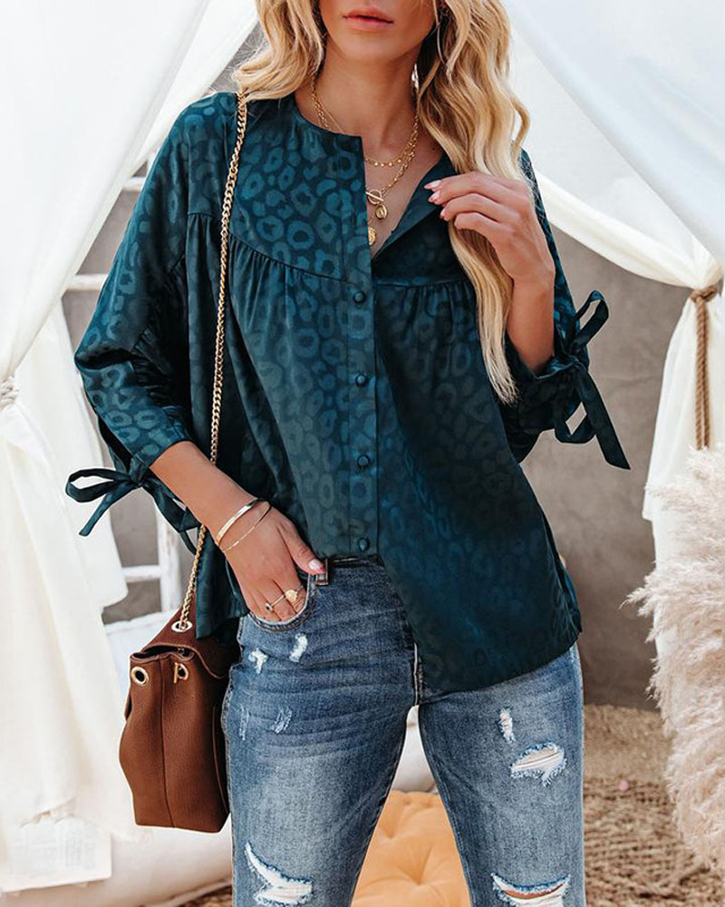 

Leopard Print Knot Cuff Button Down Top, Green