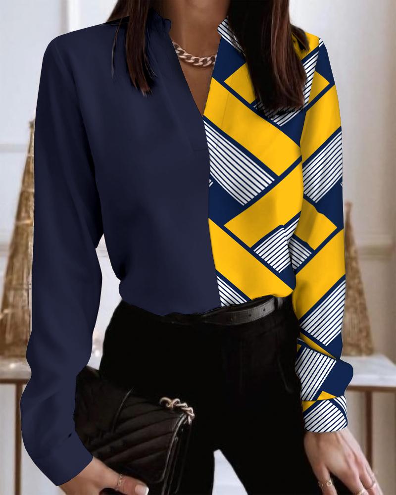 

Geometric Print V-Neck Long Sleeve Casual Top, Yellow