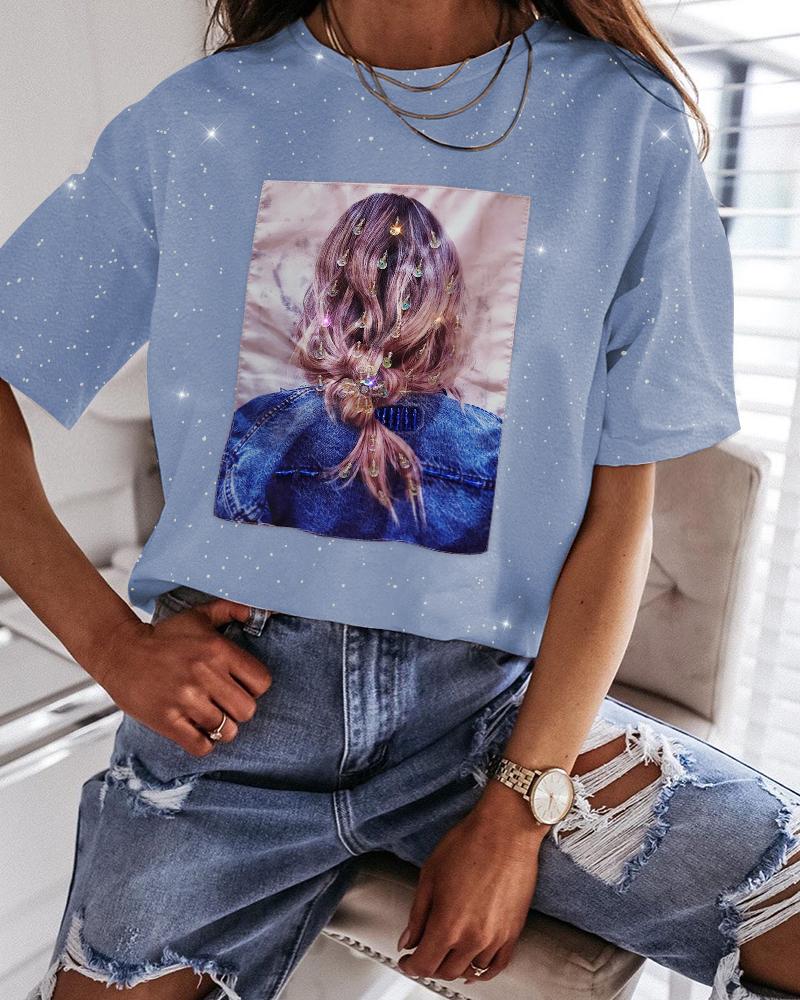 

Print Glitter Beaded Casual T-shirt, Blue