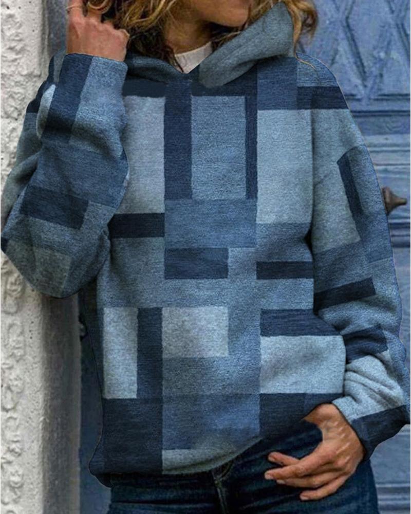

Geometric Print Long Sleeve Casual Hoodie, Blue