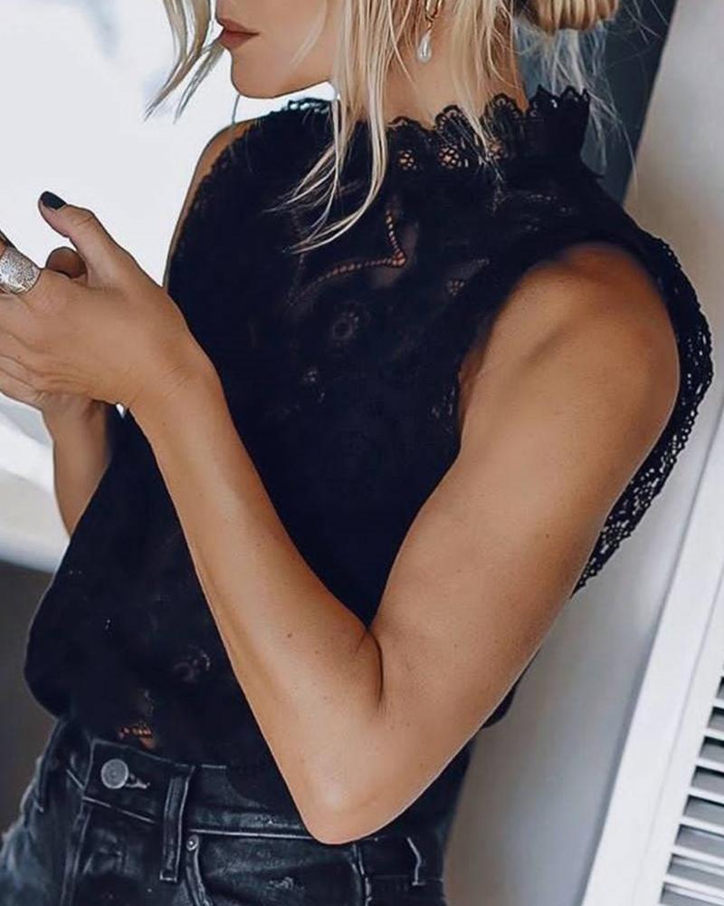 

Solid Mock Neck Lace Sleeveless Blouse, Black