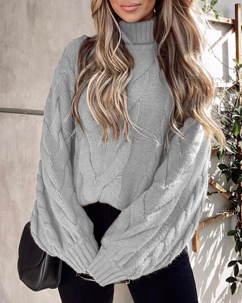 

Lantern Sleeve High Neck Cable Knit Sweater, Gray