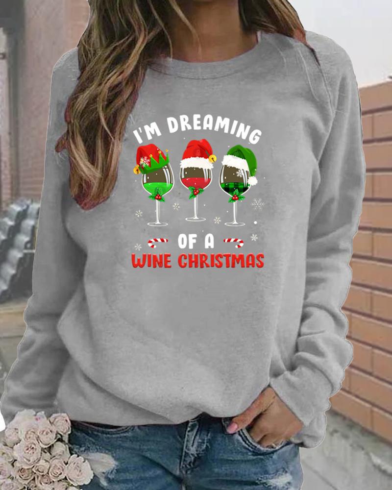 

Christmas Wine Glass Letter Print Casual Top, Gray