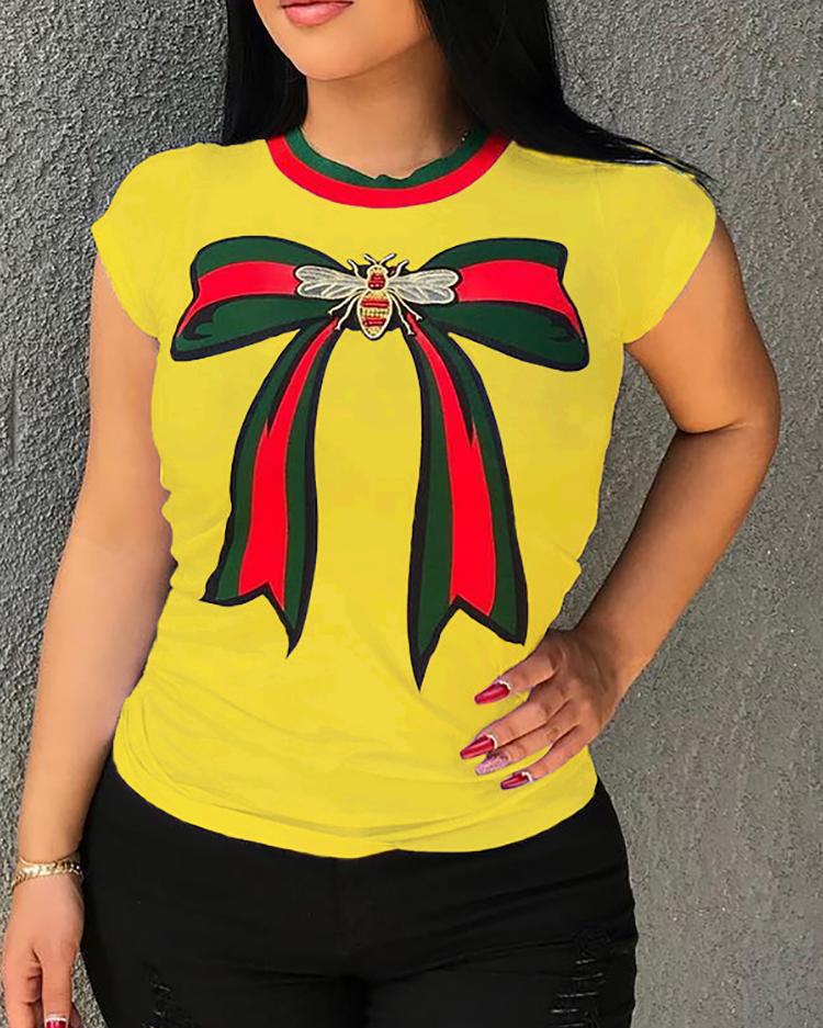

Bee Bowknot Print Short Sleeve T-shirt, Yellow