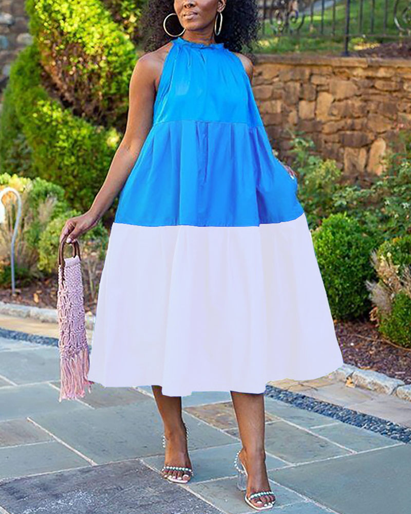 

Colorblock Sleeveless Casual Swing Dress, White