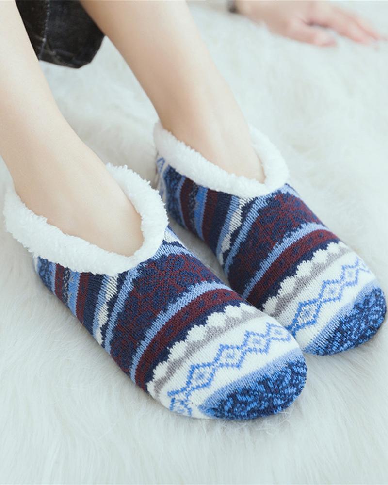 

1Pair Christmas Snowflake Aztec Geometric Pattern Non-Slip Fuzzy Thermal Socks, Blue