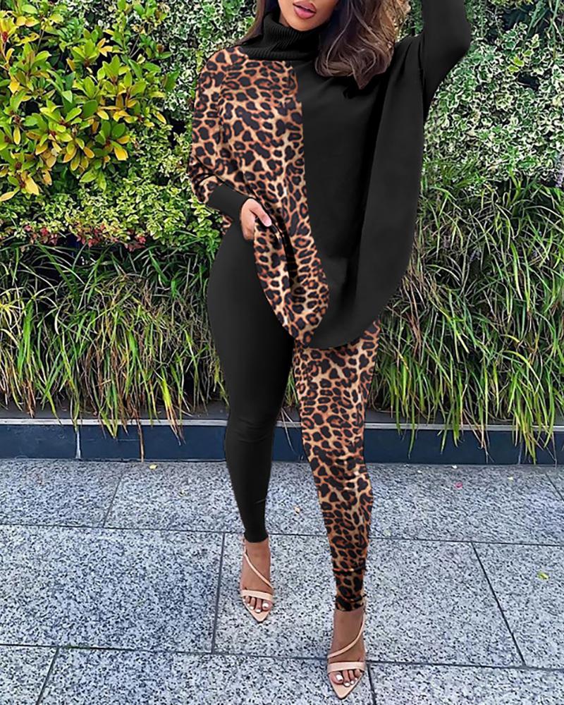 

Leopard Print Batwing Sleeve Top & Skinny Pants Set, Black