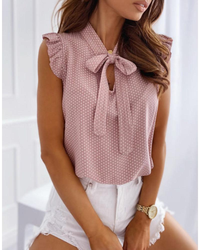 

Dot Print Ruffles Sleeve Knotted Top, Pink