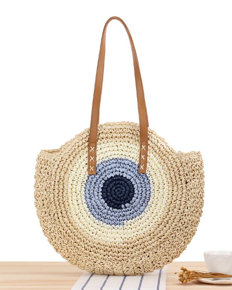 

Colorblock Top Handle Straw Bag, Beige