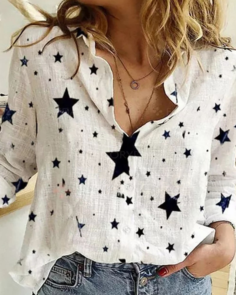

Star Print Long Sleeve Casual Shirt, White
