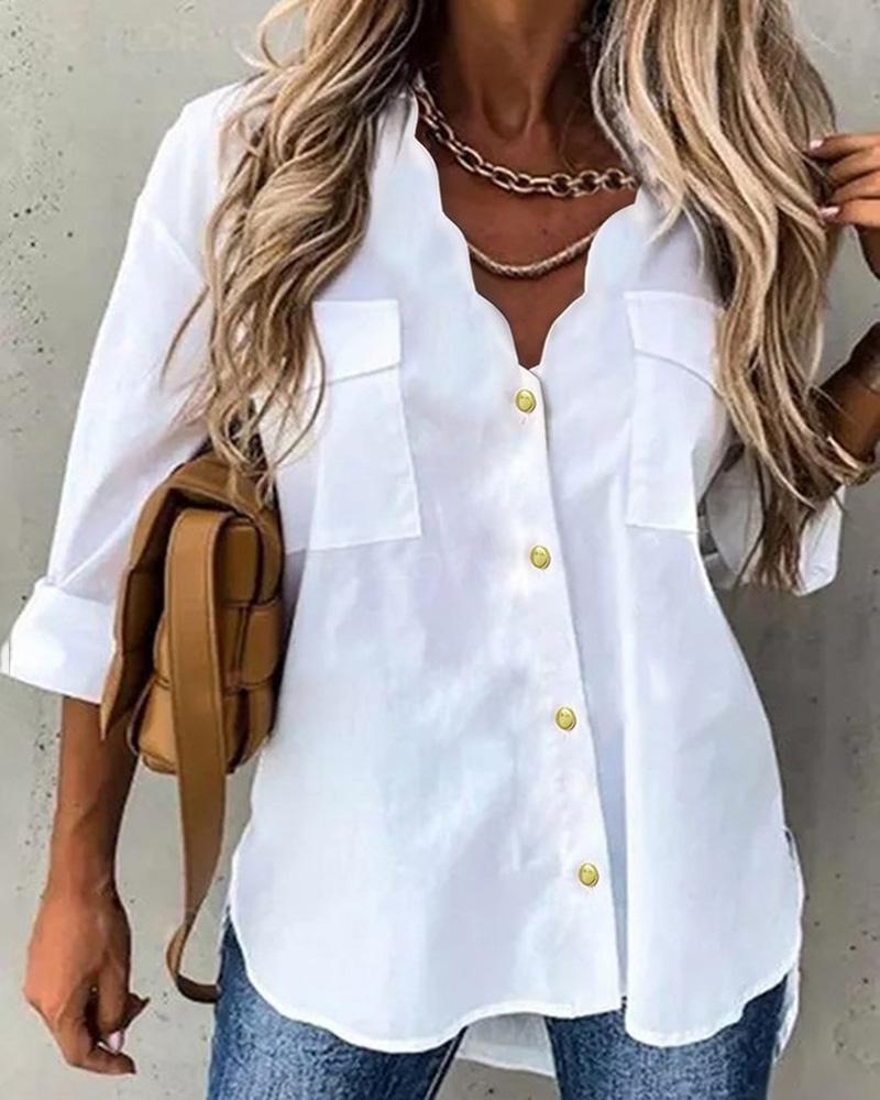 

Pocket Design Buttoned Long Sleeve Top, White