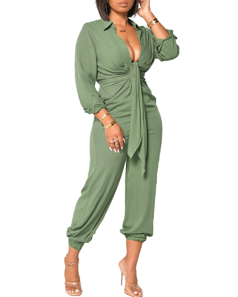 

Long Sleeve Plunge Ruched Tied Front Jumpsuit, Green