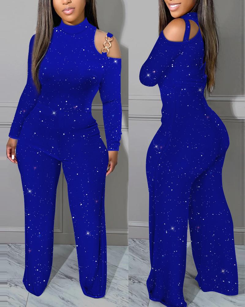 

Glitter Metal Decor Cold Shoulder Jumpsuit, Blue