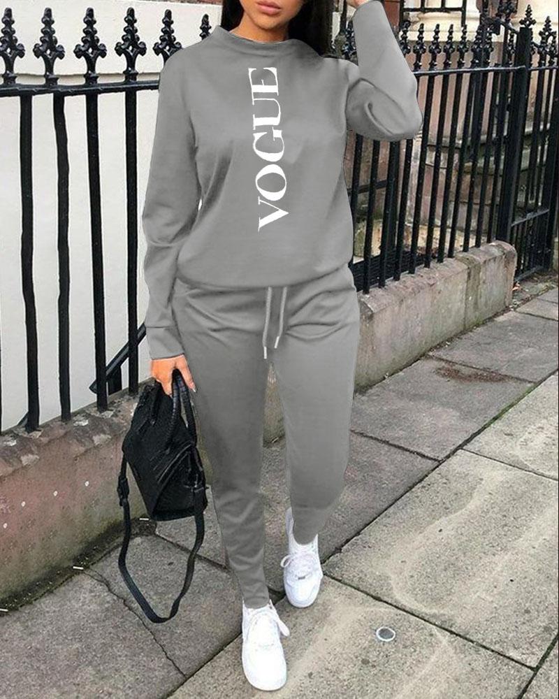 

Letter Print Long Sleeve Top & Drawstring Pants Set, Gray