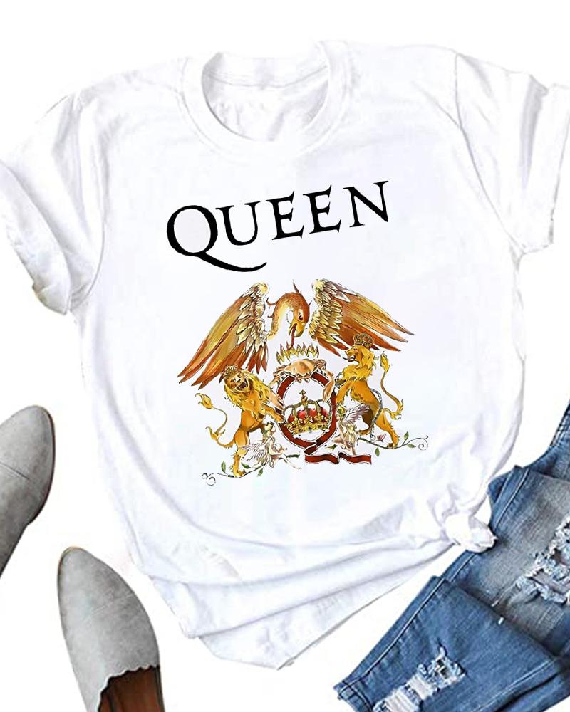 

Women' Letter Queen Graphic Print Round Neck T-shirt, White