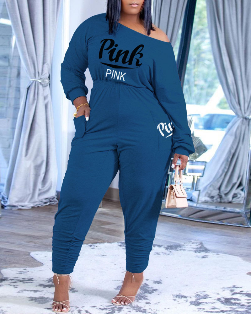 

Letter Print Long Sleeve Top & Pocket Pants Set, Blue