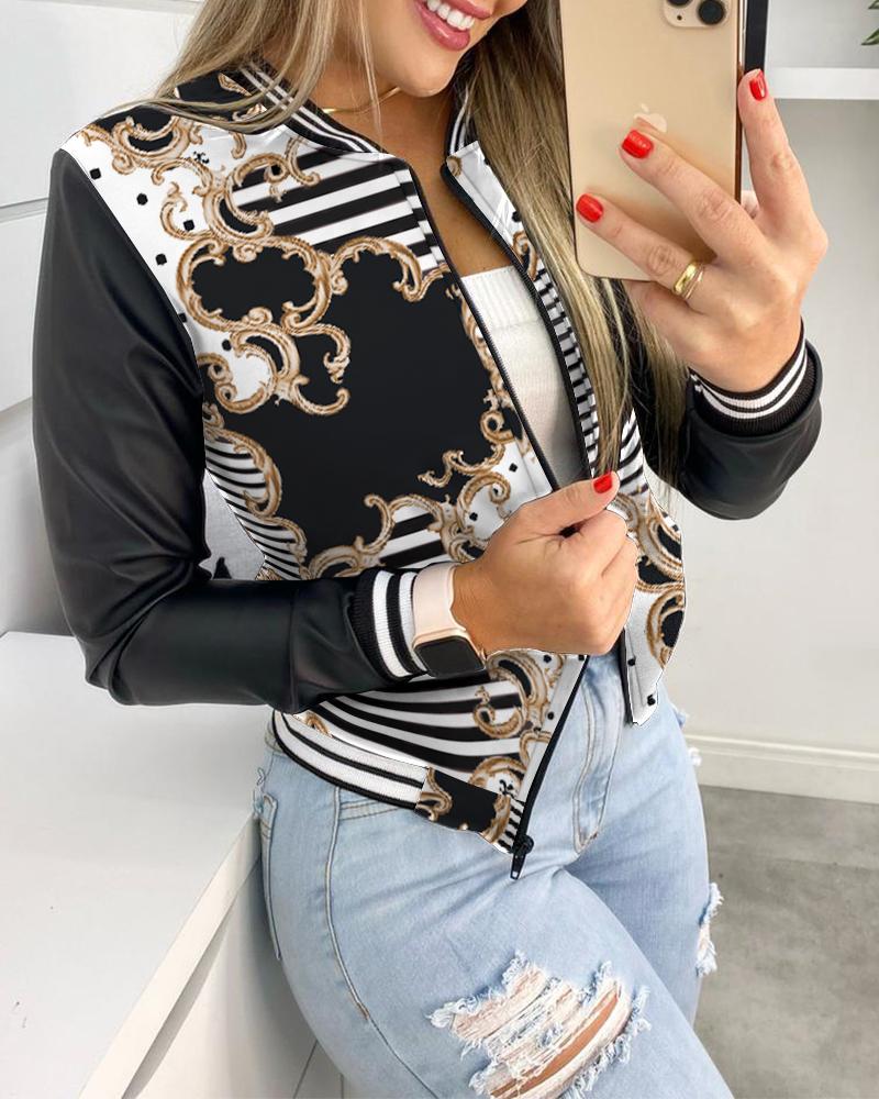 

Retro Scarf Print Zip Front PU Leather Patch Baseball Coat, Black