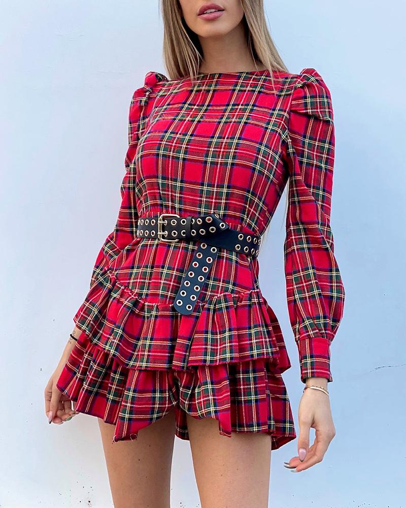 

Puff Sleeve Layered Ruffles Long Sleeve Dress, Red
