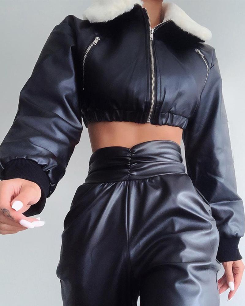 

Zipper Design PU Leather Lined Crop Coat, Black