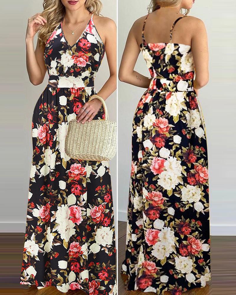 

Hawaii Floral Print Strap Sleeveless Loose Long Dress, Black