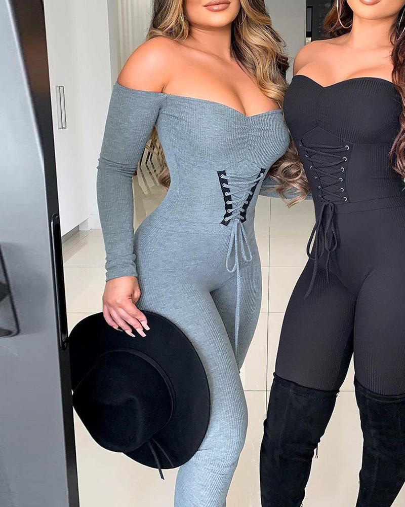 

Off Shoulder Eyelet Lace Up Plain Jumpsuit, Gray
