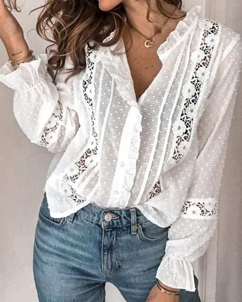 

Floral Lace Swiss Dot Frill Hem Top, White