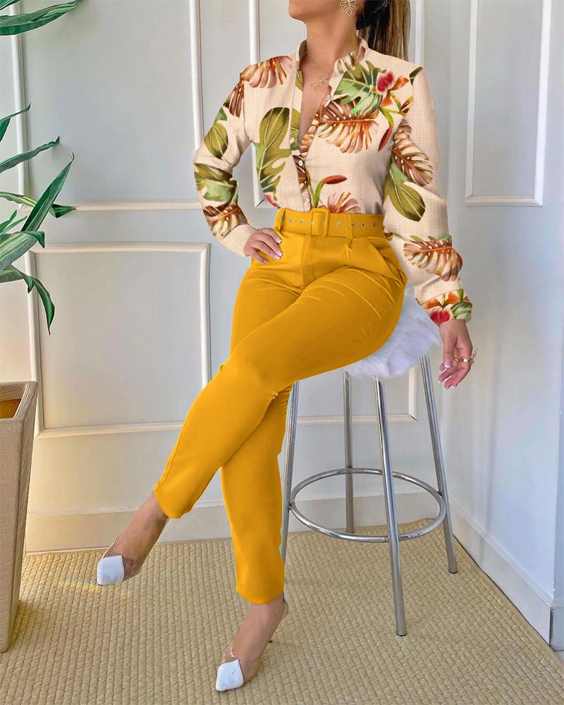 

Tropical Print Long Sleeve Top & Pants Set With Belt, Yellow