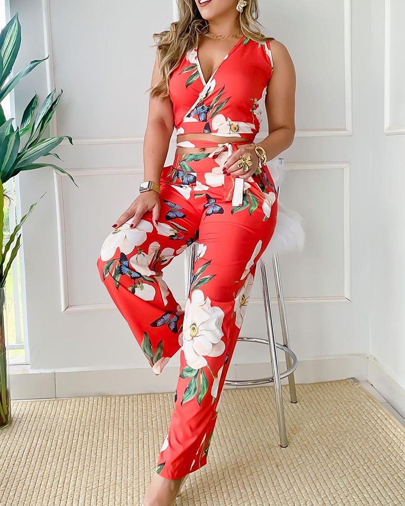 

Cutout Tied Detail Floral Print Tank Top & Pants Set, Red
