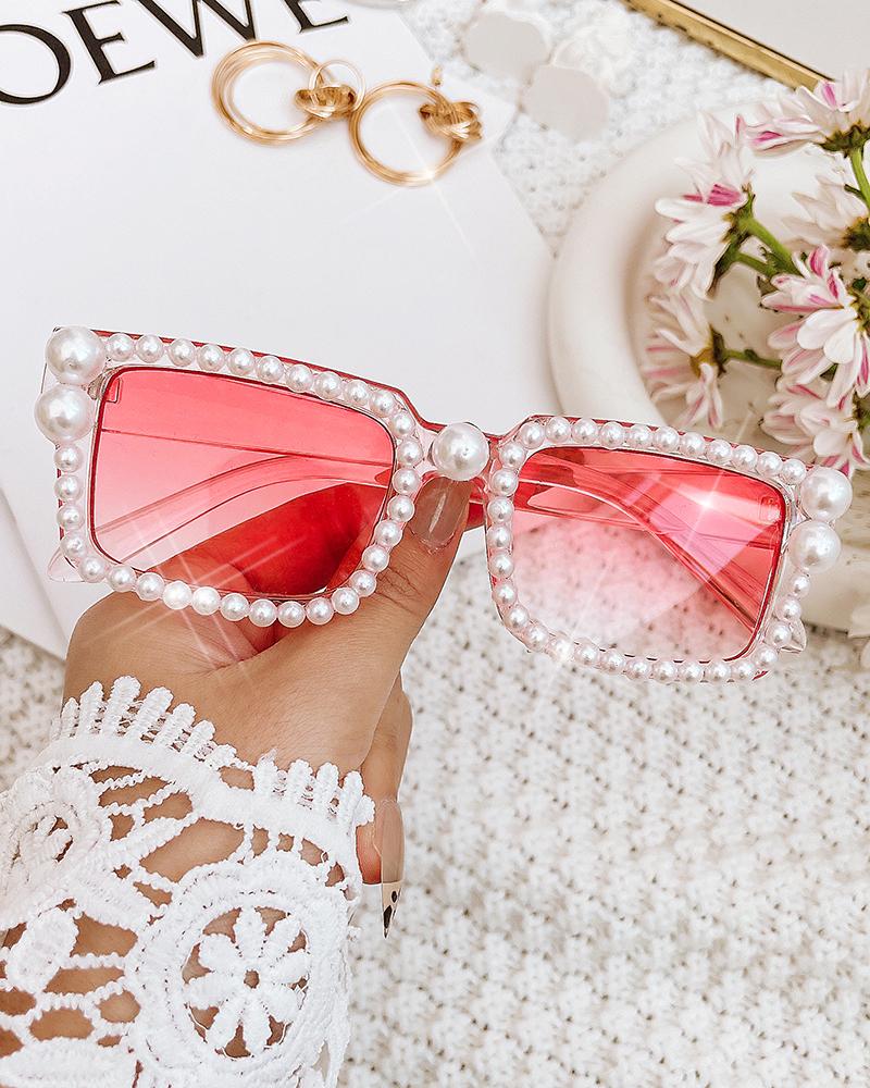 

1Pair Fake Pearls Decor Rectangular Gradient Sunglasses, Pink