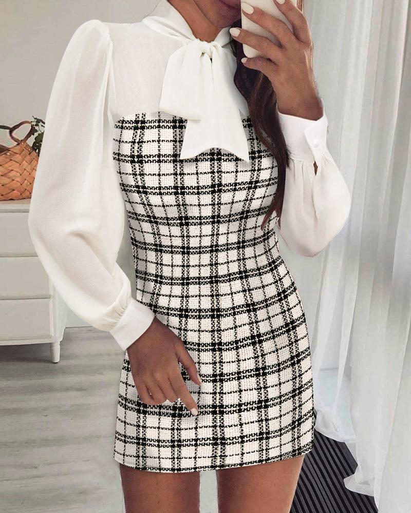 

Plaid Long Sleeve Tweed Bodycon Dress, White