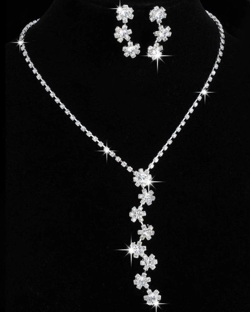 

2pcs Rhinestone Floral Pattern Drop Earrings & Chain Tassel Necklace Jewelry Set, Silver