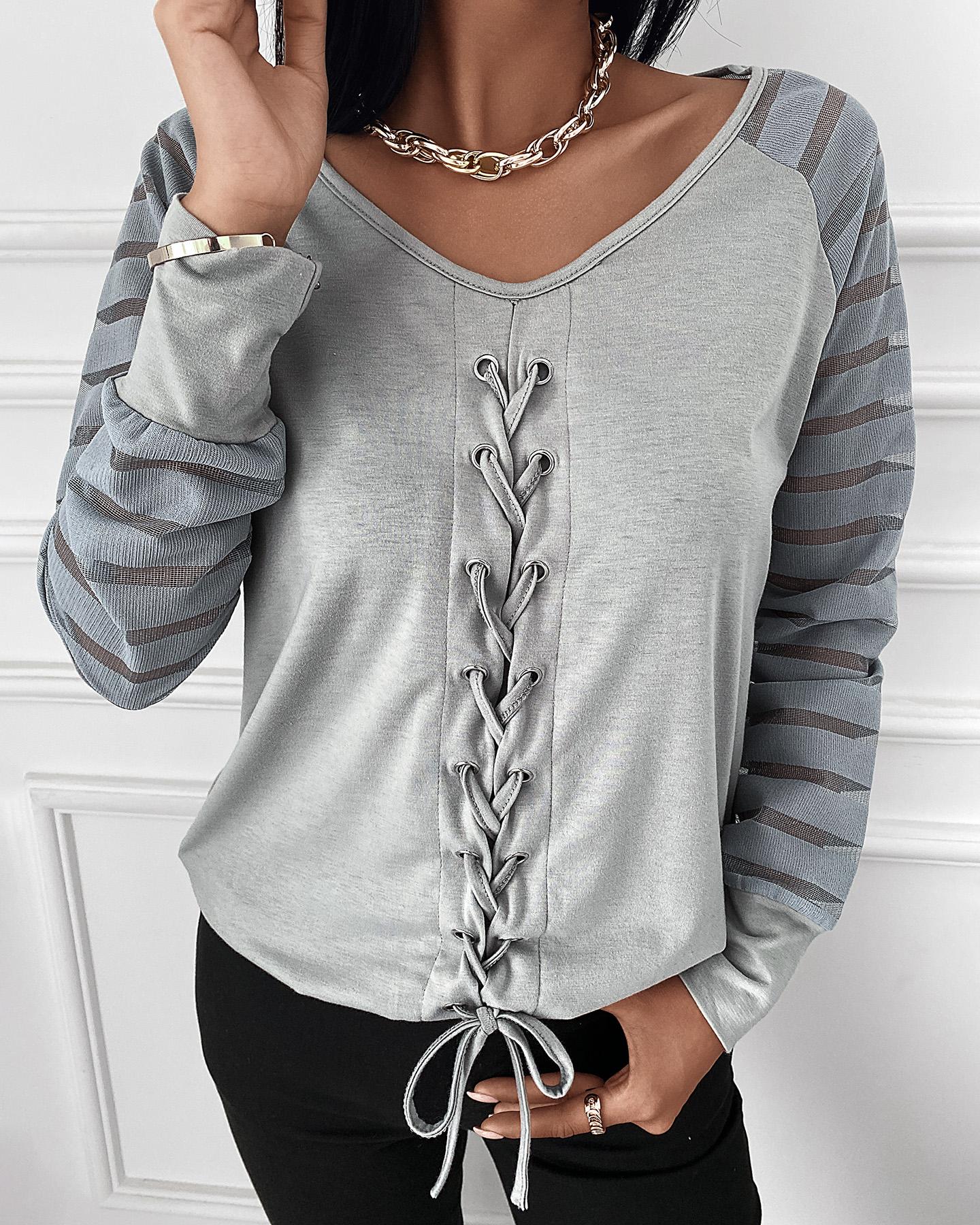 

Eyelet Lace Up Mesh Contrast Long Sleeve T-shirt, Gray