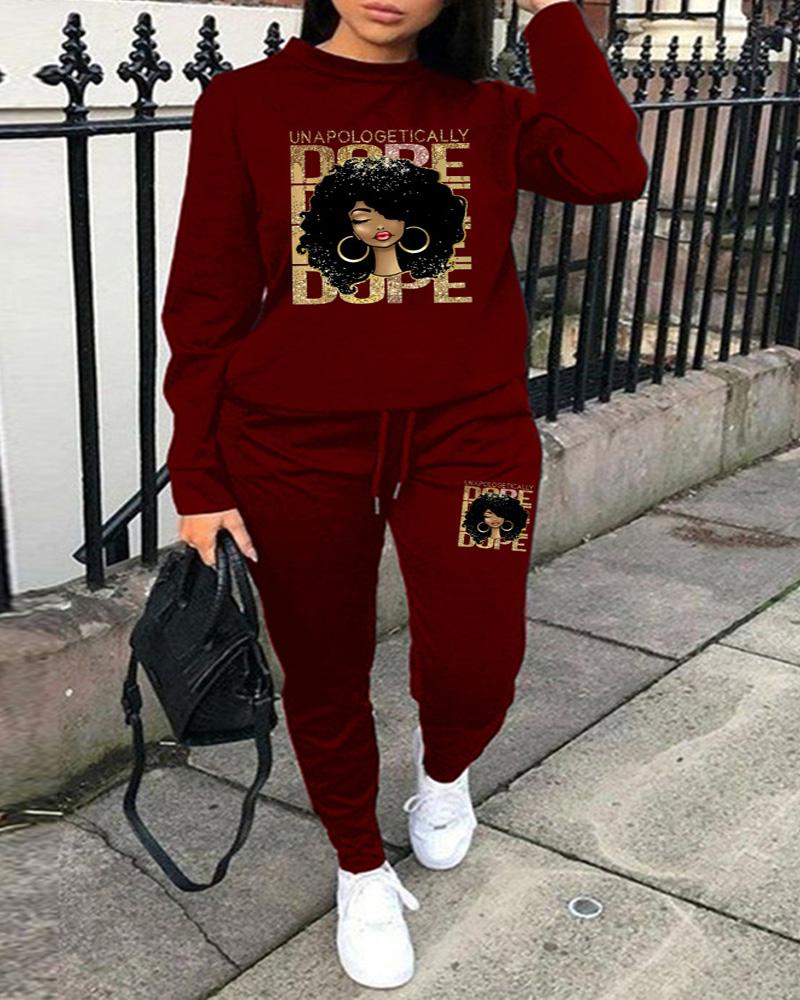 

Plus Size Figure Letter Print Casual Top & Pants Set, Wine red