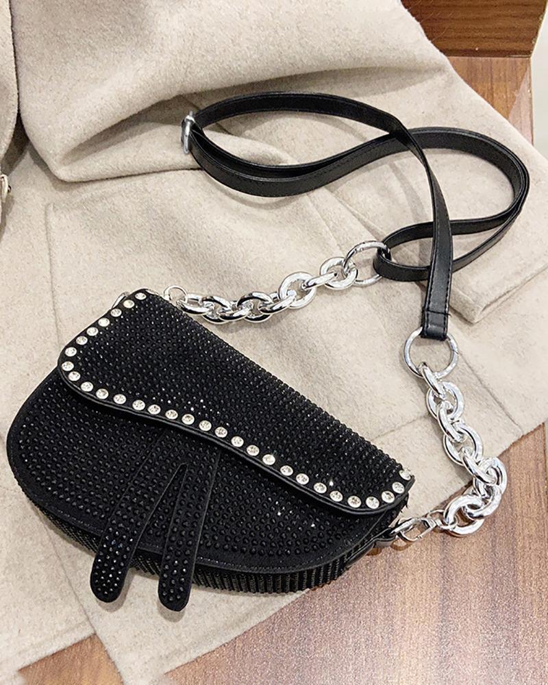 

Allover Rhinestone Chain Strap Saddle Bag, Black