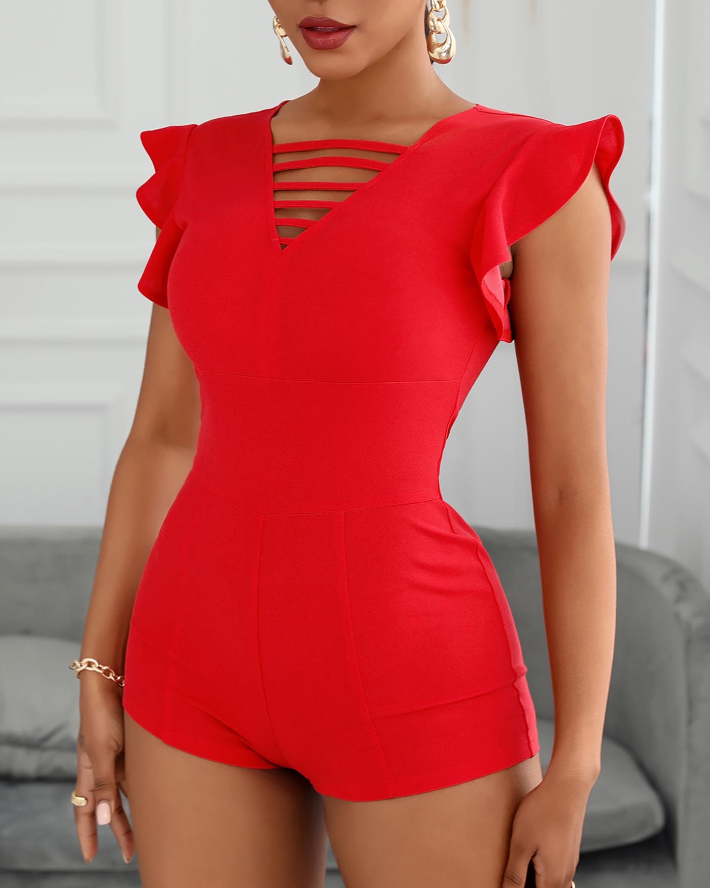 

Plain Ruffles Hem Skinny Romper, Red