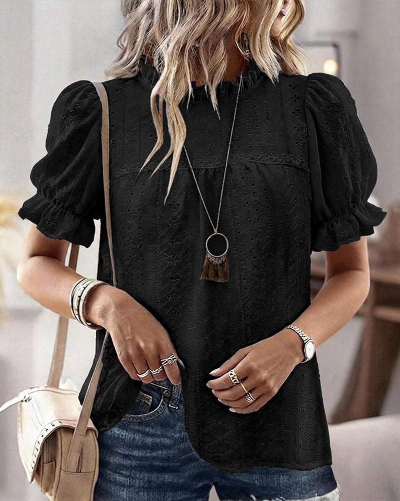 

Blusa elegante con dobladillo con volantes, cuello alto, mangas abullonadas, informal, con bordado calado, Black