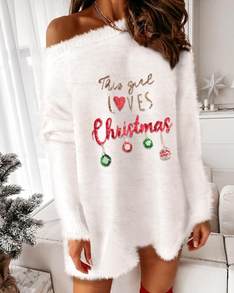 

Christmas Sequins Long Sleeve Fluffy Sweater Dress, White