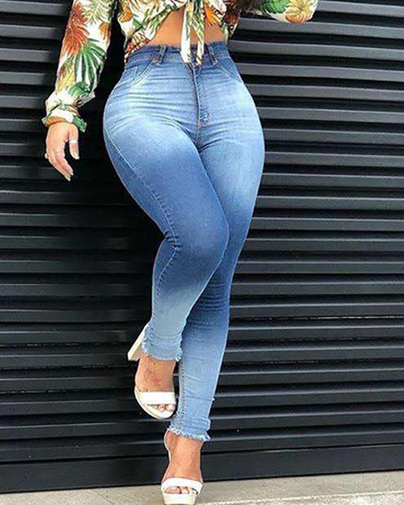 

High Waist Button Pockets Casual Jeans, Lighted blue