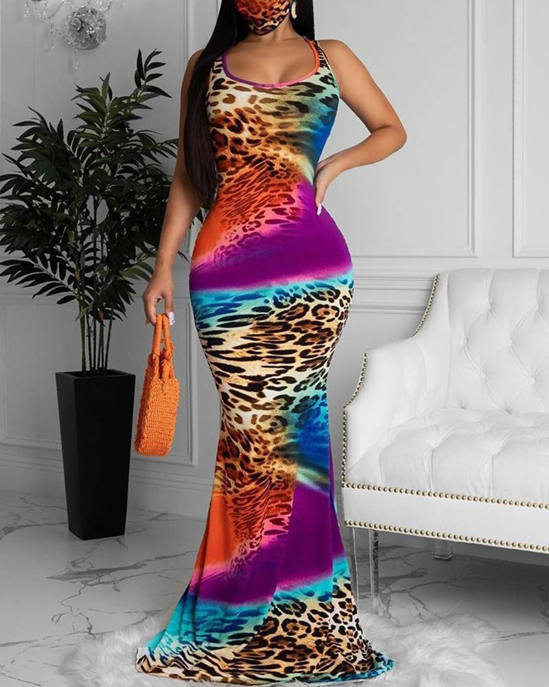 

Cheetah Tie Dye Print Mermaid Sleeveless Maxi Dress, Purple
