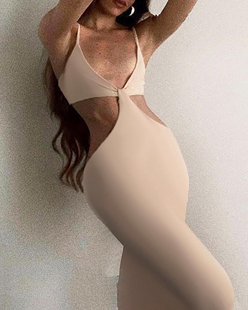 

V Neck Cutout Backless Skinny Maxi Dress, Apricot
