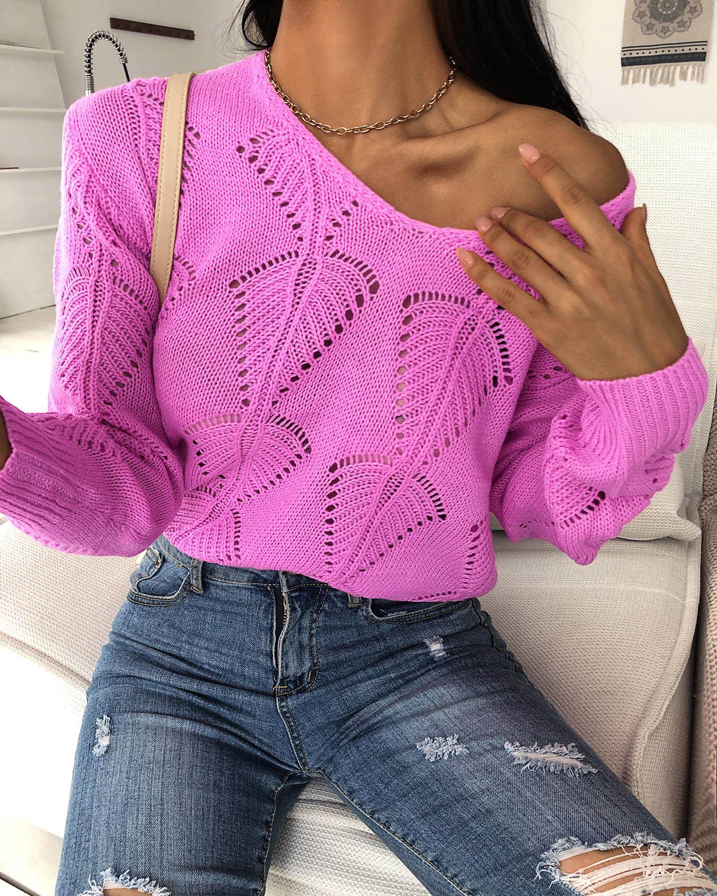 

Hollow Out Long Sleeve V-Neck Sweater, Pink