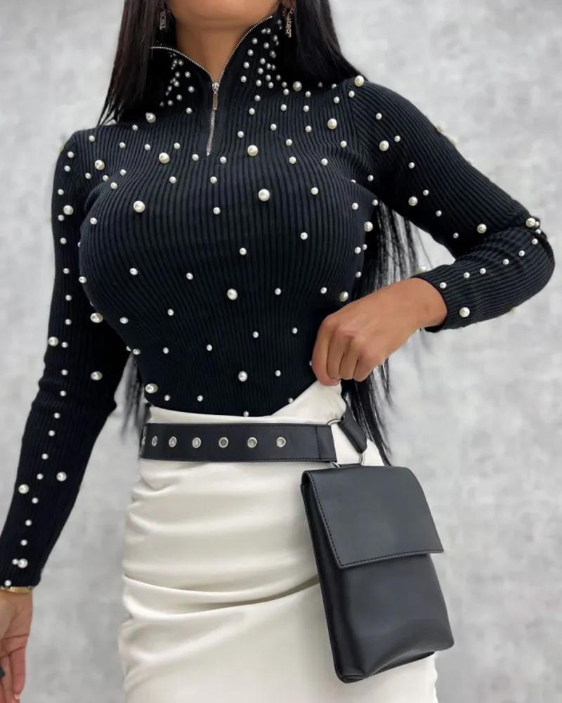 

High Neck Pearls Decor Long Sleeve Top, Black