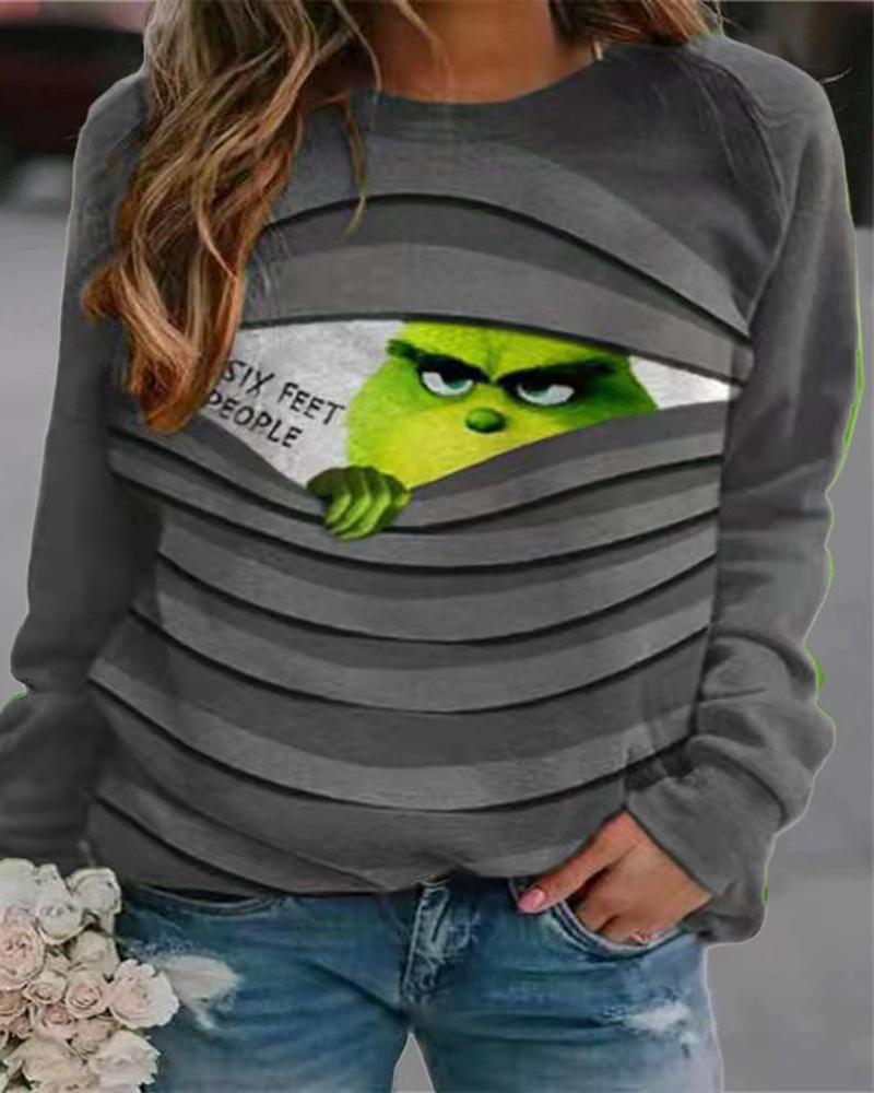 

Christmas Grinch Print Long Sleeve Casual Top, Gray