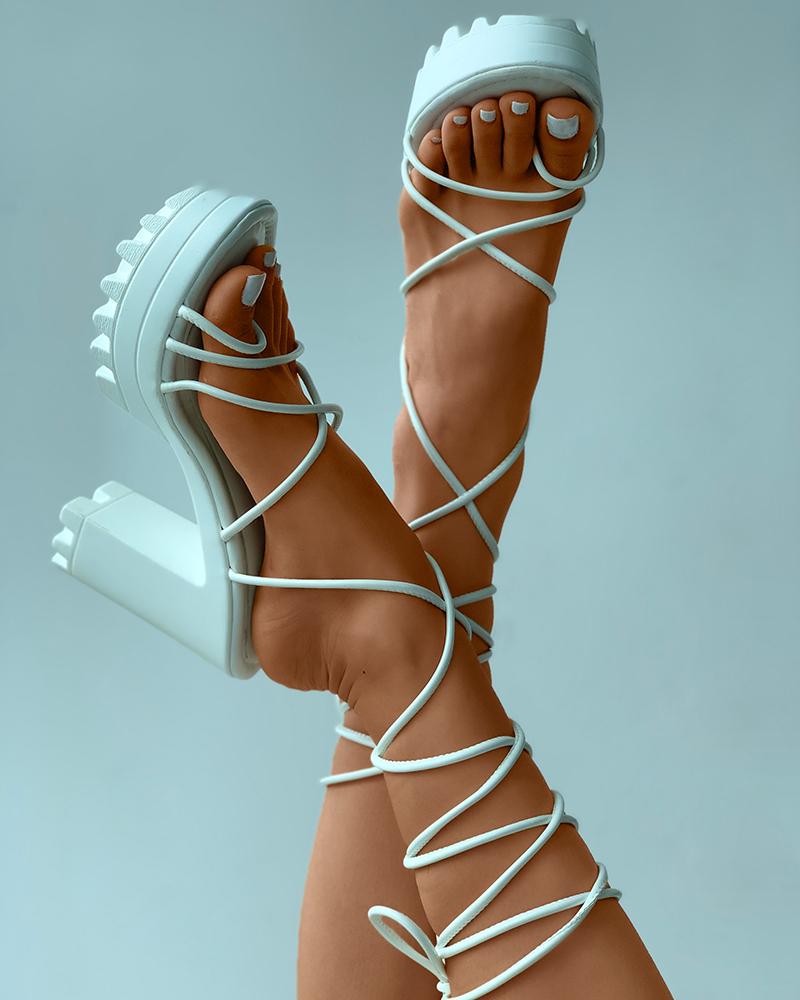 

Strappy Toe Ring Platform Chunky Heels, White