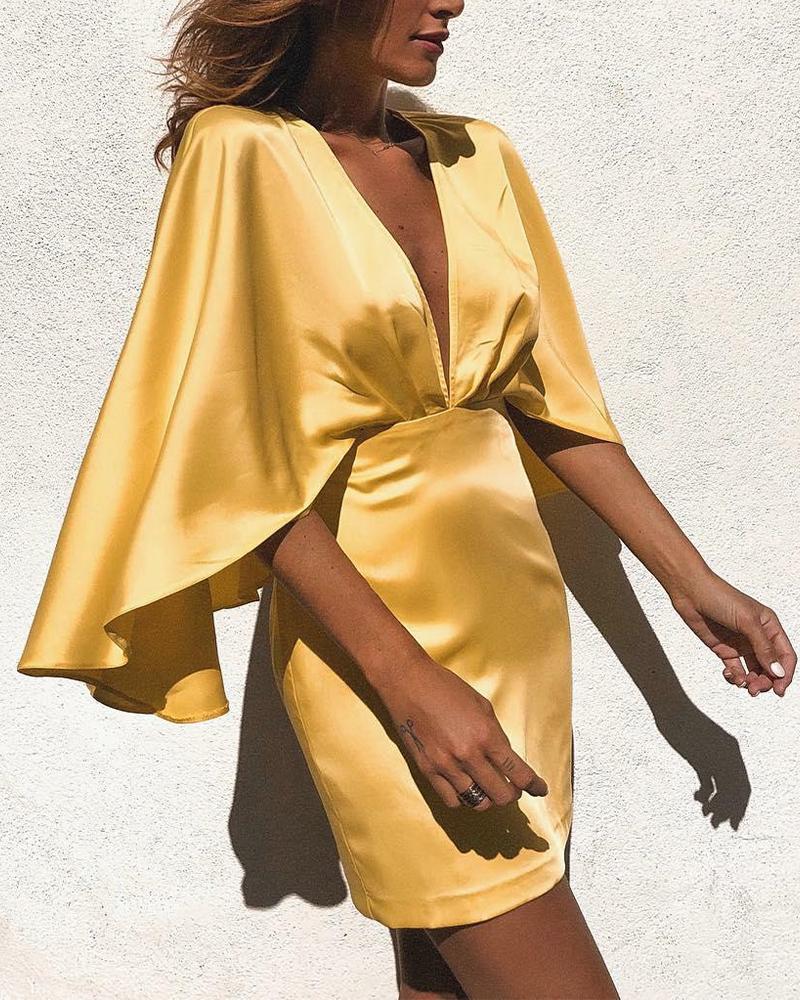 

Satin Deep V-Neck Cape Bodycon Dress, Yellow