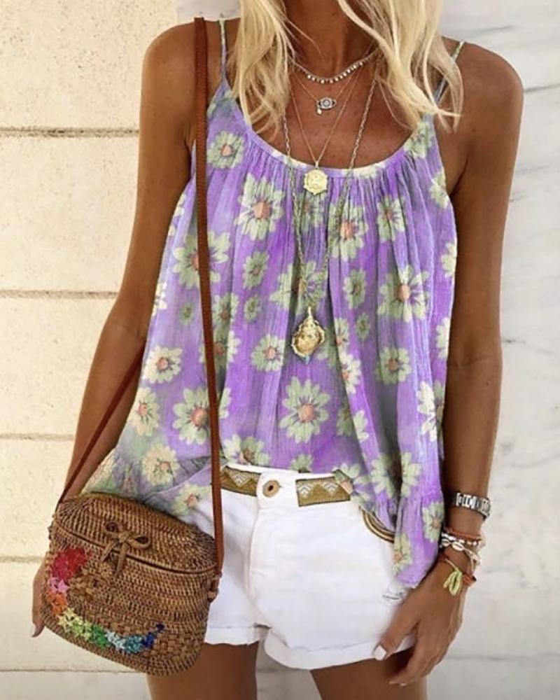 

Daisy Print Spaghetti Strap Casual Top, Purple