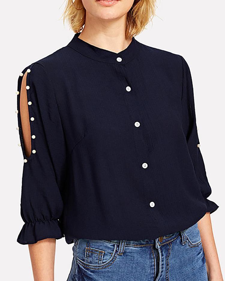 

Beaded Detail Cutout Sleeve Shirt, Blue