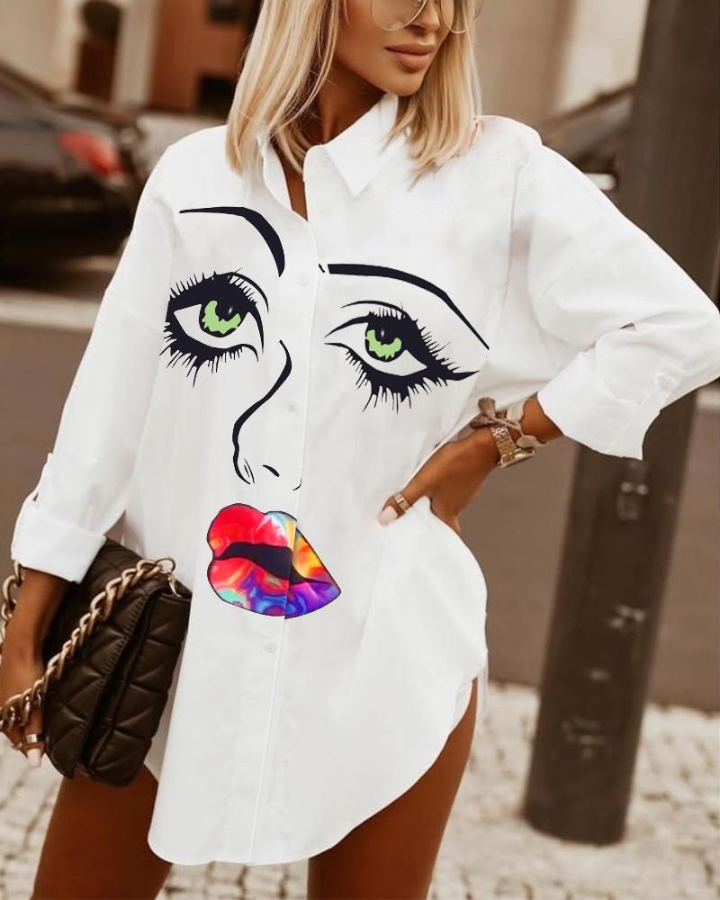 

Figure Print Roll Up Sleeve Button Front Shirt, White